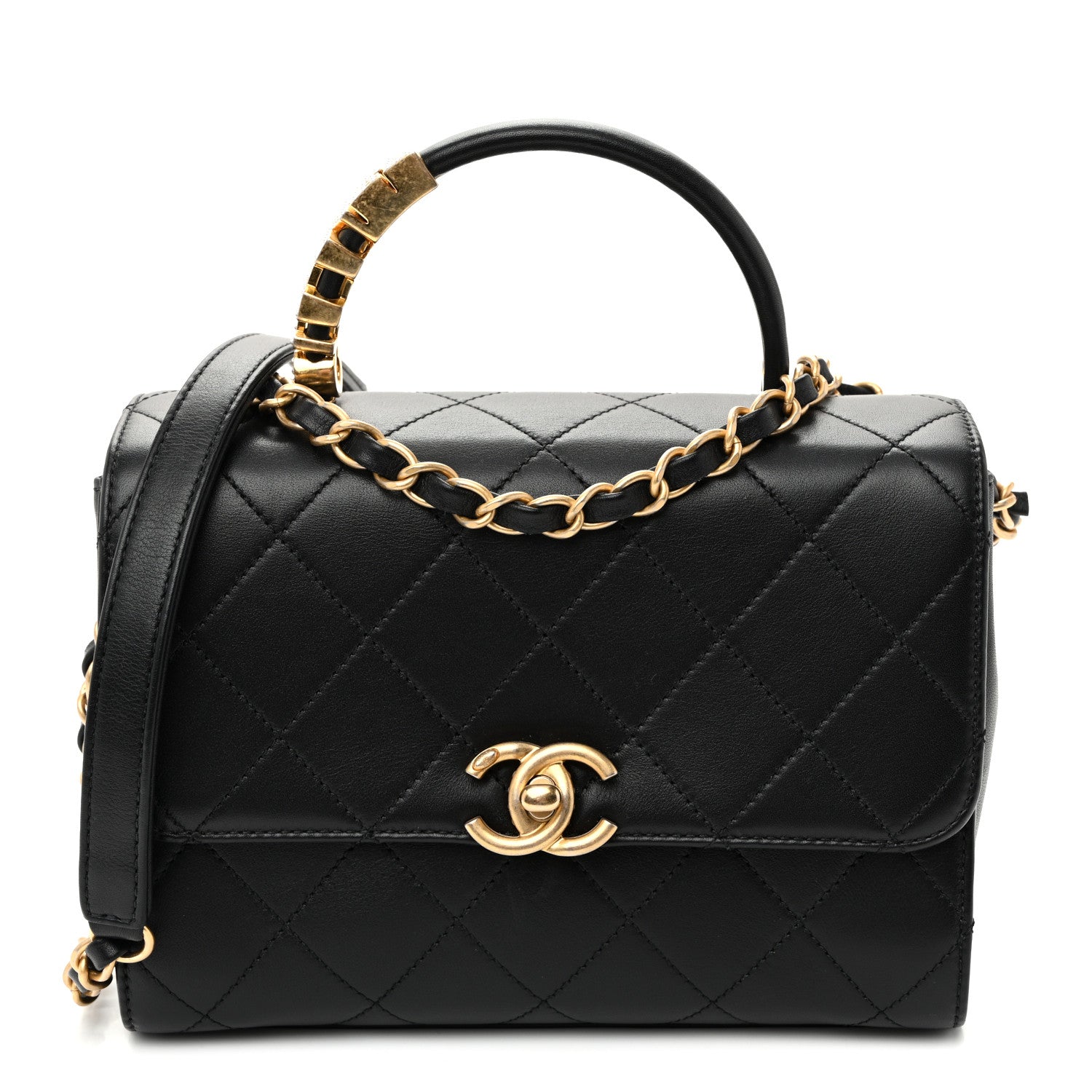 Chanel Lambskin Stitched Pearl Logo Top Handle Flap Black Black 1 of 10