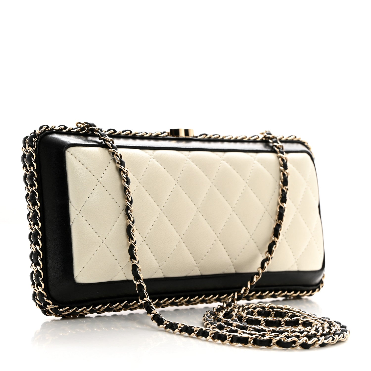 Chanel Lambskin Quilted Chain Around Clutch White Black 3 of 7