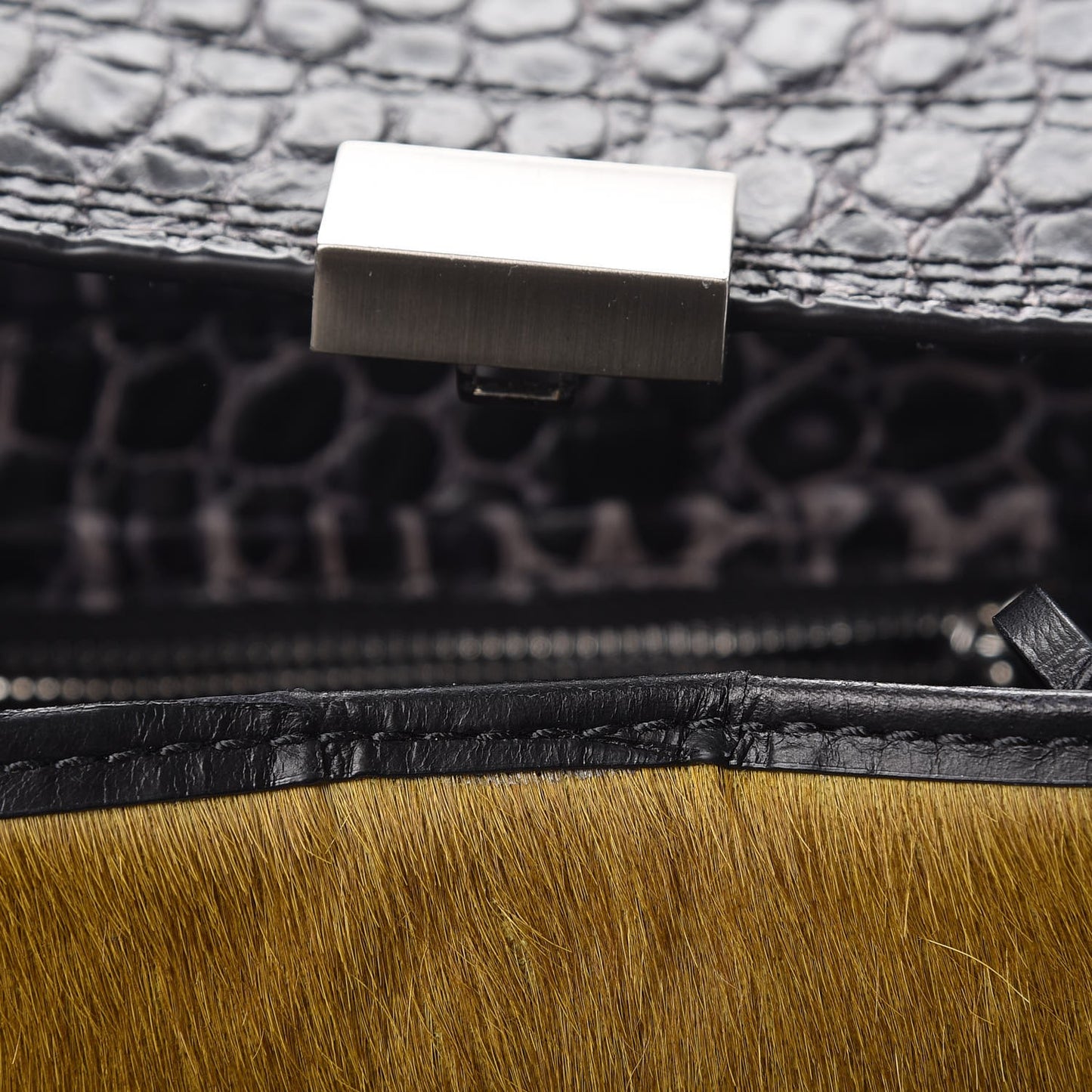 3.1 Calf Hair Calfskin Crocodile Embossed Mini Pashli Satchel Antique Grey Olive