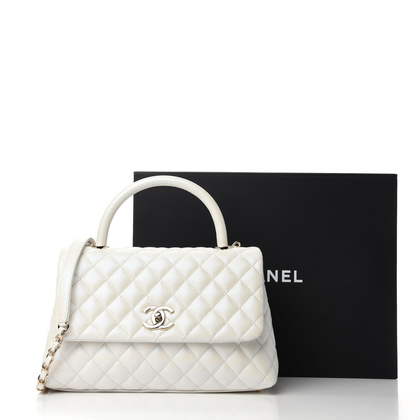 Iridescent Caviar Quilted Small Coco Handle Flap White