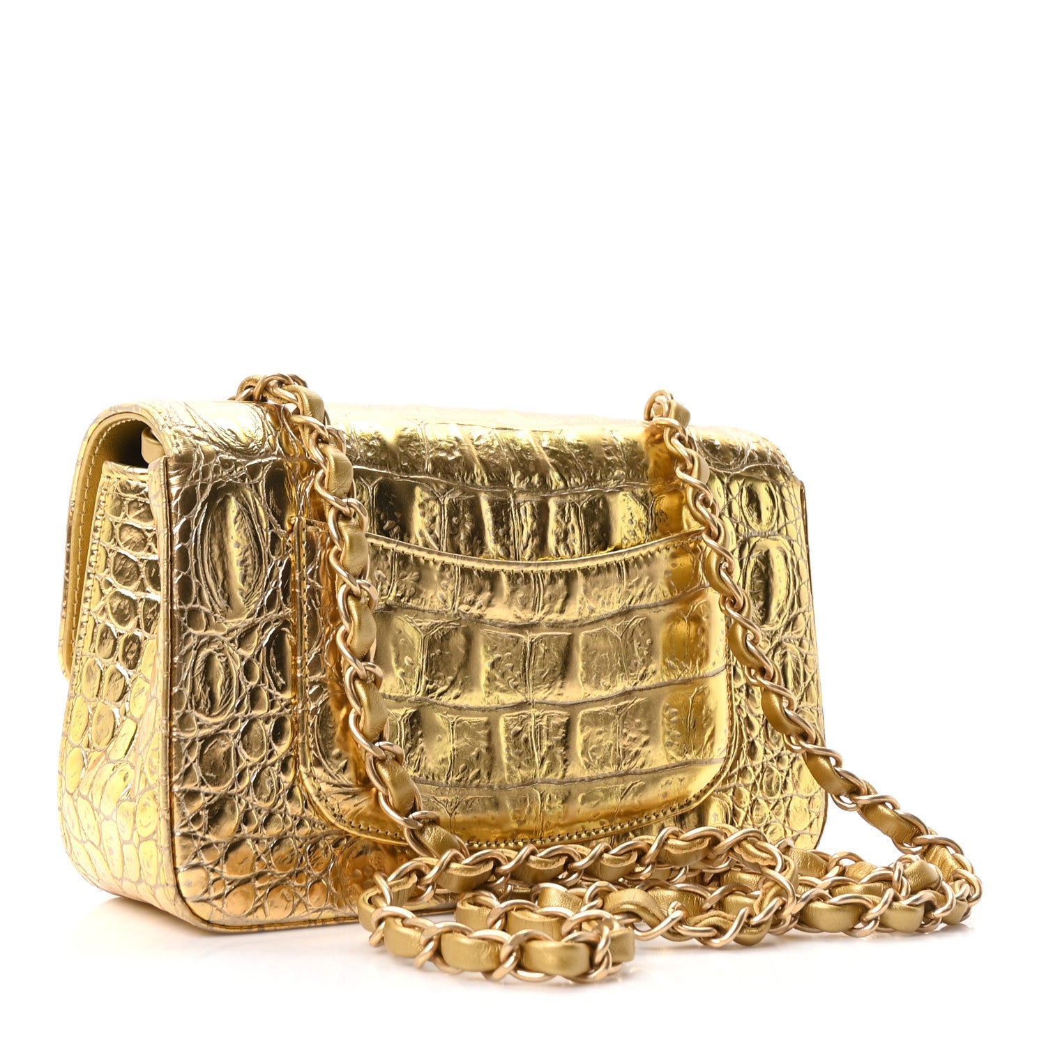Chanel Metallic Calfskin Crocodile Embossed Cocodile Rectangular Mini Flap Gold 3 of 11