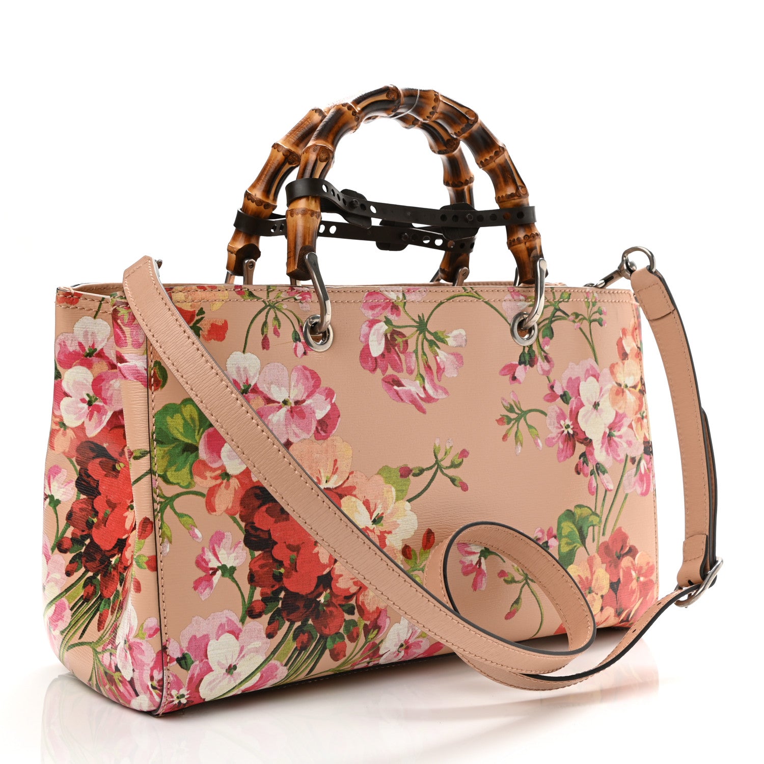 Gucci Shangai Calfskin Blooms Print Medium Bamboo Shopper Tote Pink Apricot Multicolor 4 of 15