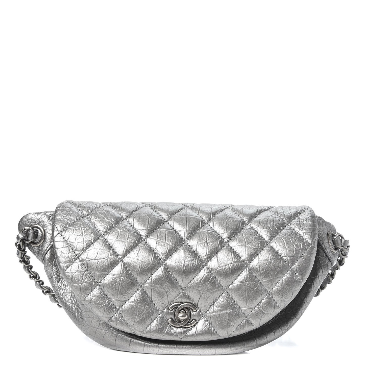Metallic Calfskin Crocodile Embossed Quilted Easy Trip Waist Bag Fanny Pack Silver