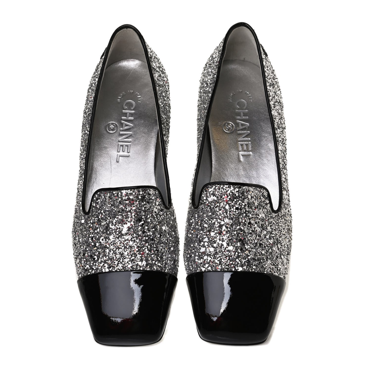 Chanel Glitter Fabric Patent Calfskin Mocassin Loafers 36.5 Black Silver 6 of 12