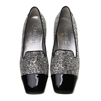 Chanel Glitter Fabric Patent Calfskin Mocassin Loafers 36.5 Black Silver 6 of 12