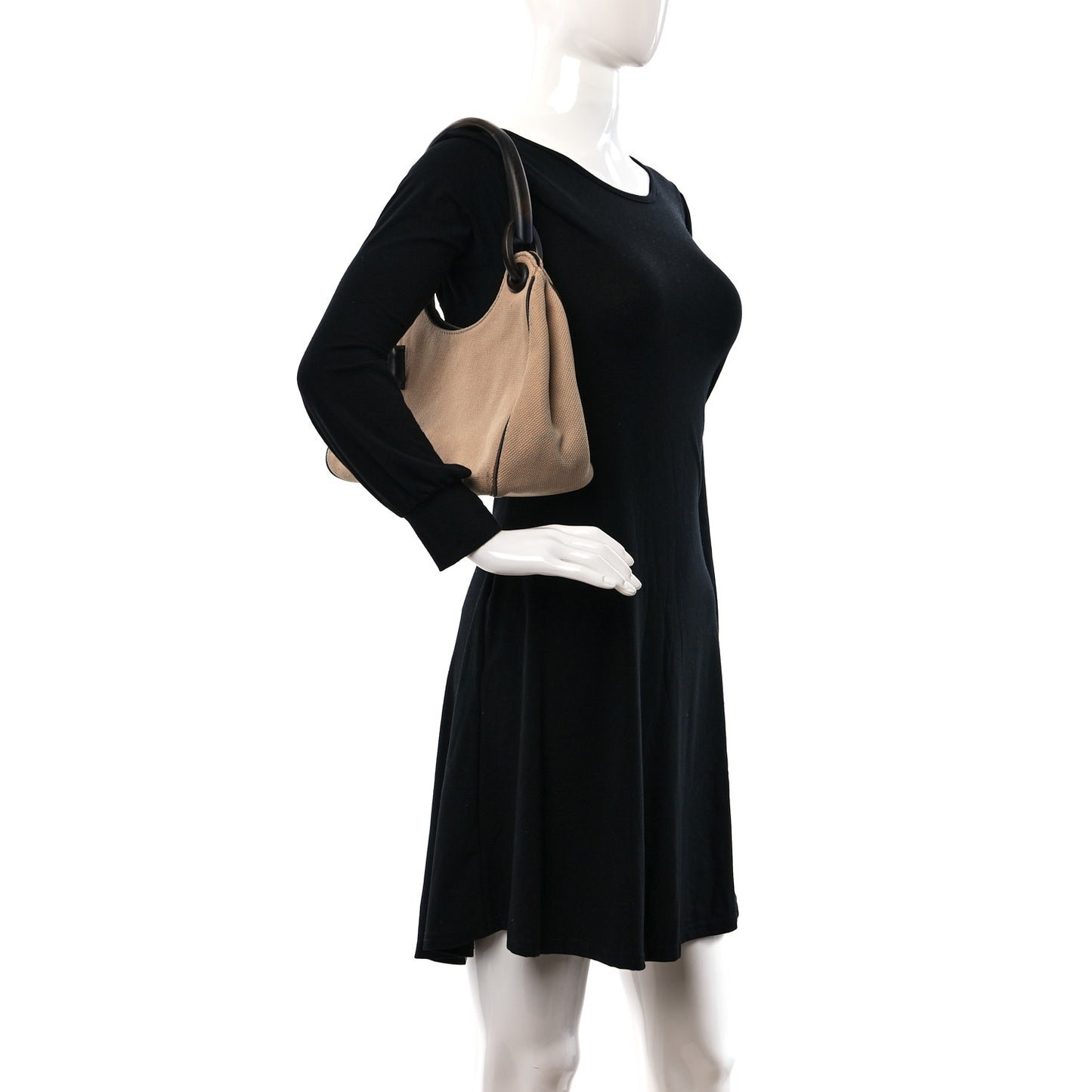 Canvas Wooden Handle Shoulder Bag Beige
