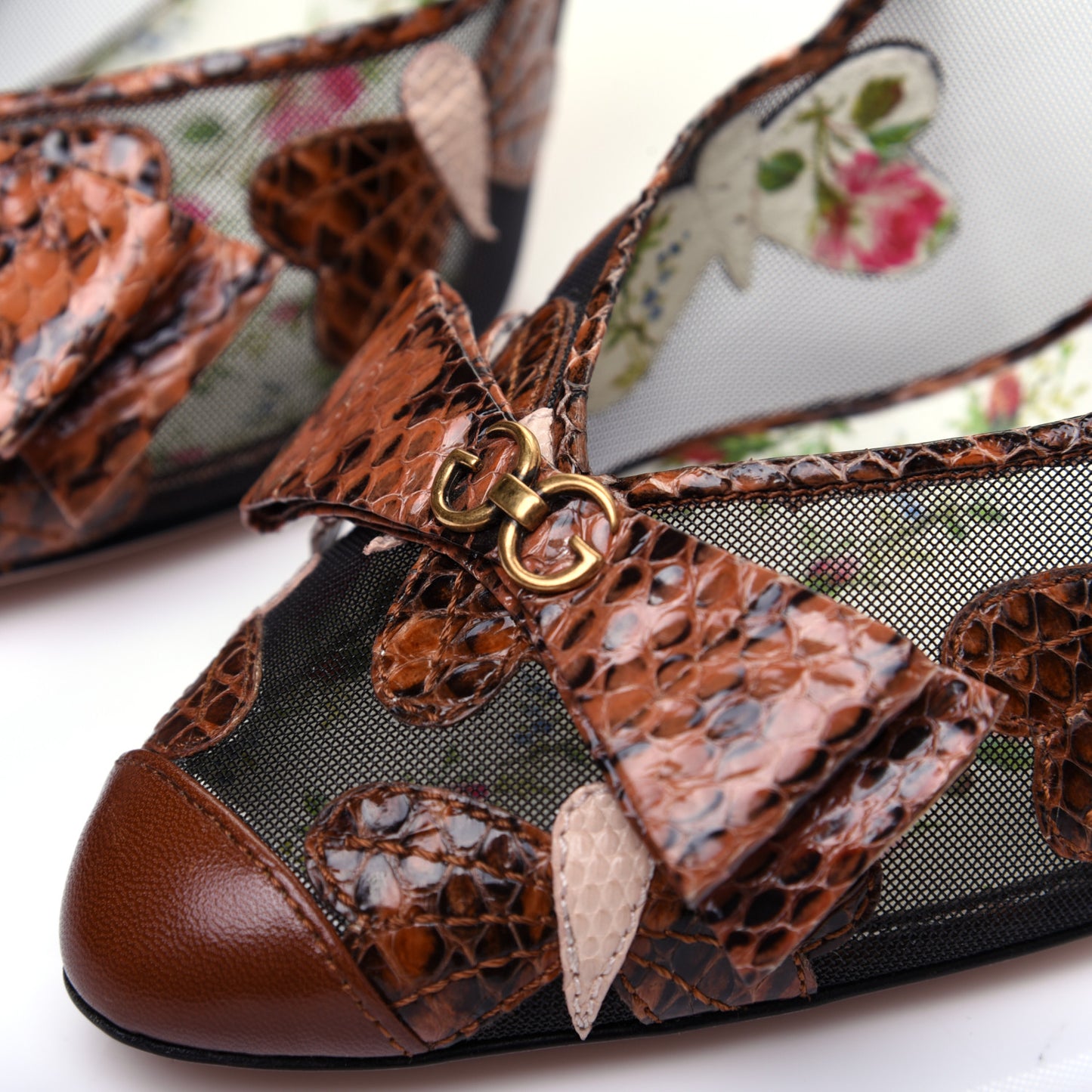 Malaga Kid Elaphe Lizard Butterflies Mid-Heel Slingback Pumps 37.5 Bright Cuir Black Soft Pink