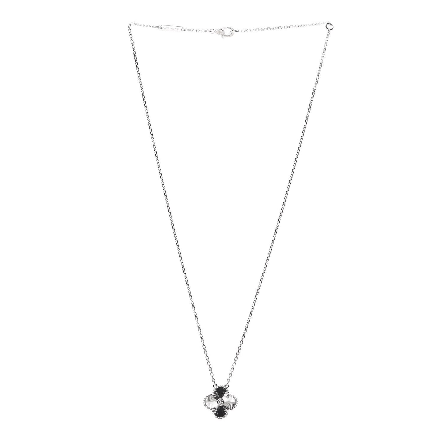 18K White Gold Diamond Guilloche Vintage Alhambra Pendant Necklace