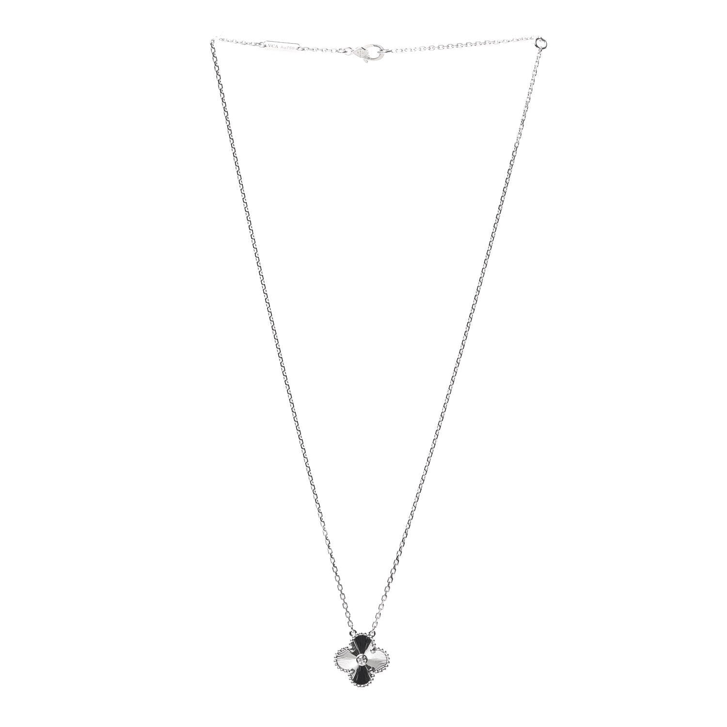 Van Cleef & Arpels 18K White Gold Diamond Guilloche Vintage Alhambra Pendant Necklace 3 of 7