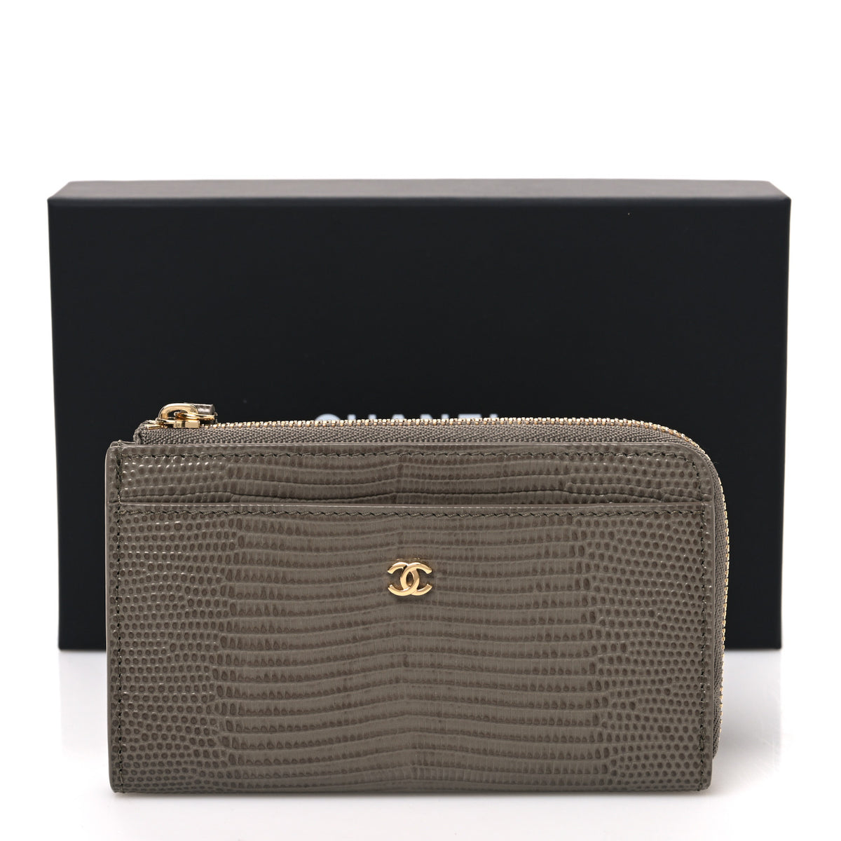 Calfskin Lizard Embossed Zip Card Holder Dark Khaki