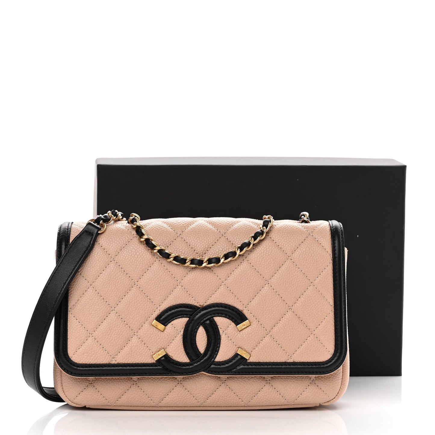 Caviar Quilted Small CC Filigree Flap Beige Black