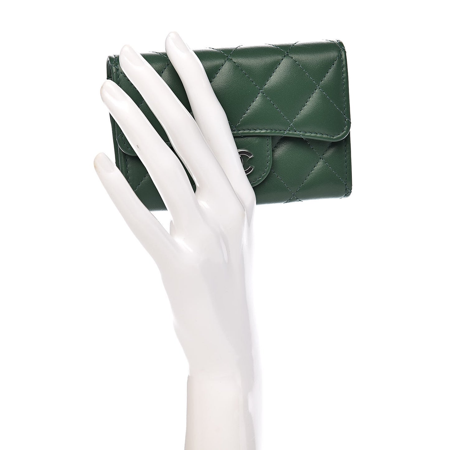 Lambskin Quilted Flap Card Holder Wallet Green