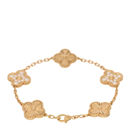 Van Cleef & Arpels 18K Yellow Gold Diamond 5 Motifs Guilloche Vintage Alhambra Bracelet 2 of 4