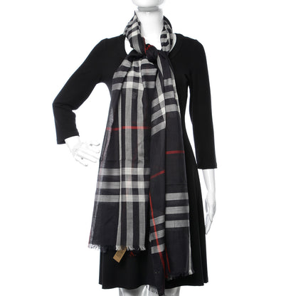 Burberry Wool Silk Gauze Lightweight Check Scarf Navy 2 of 4