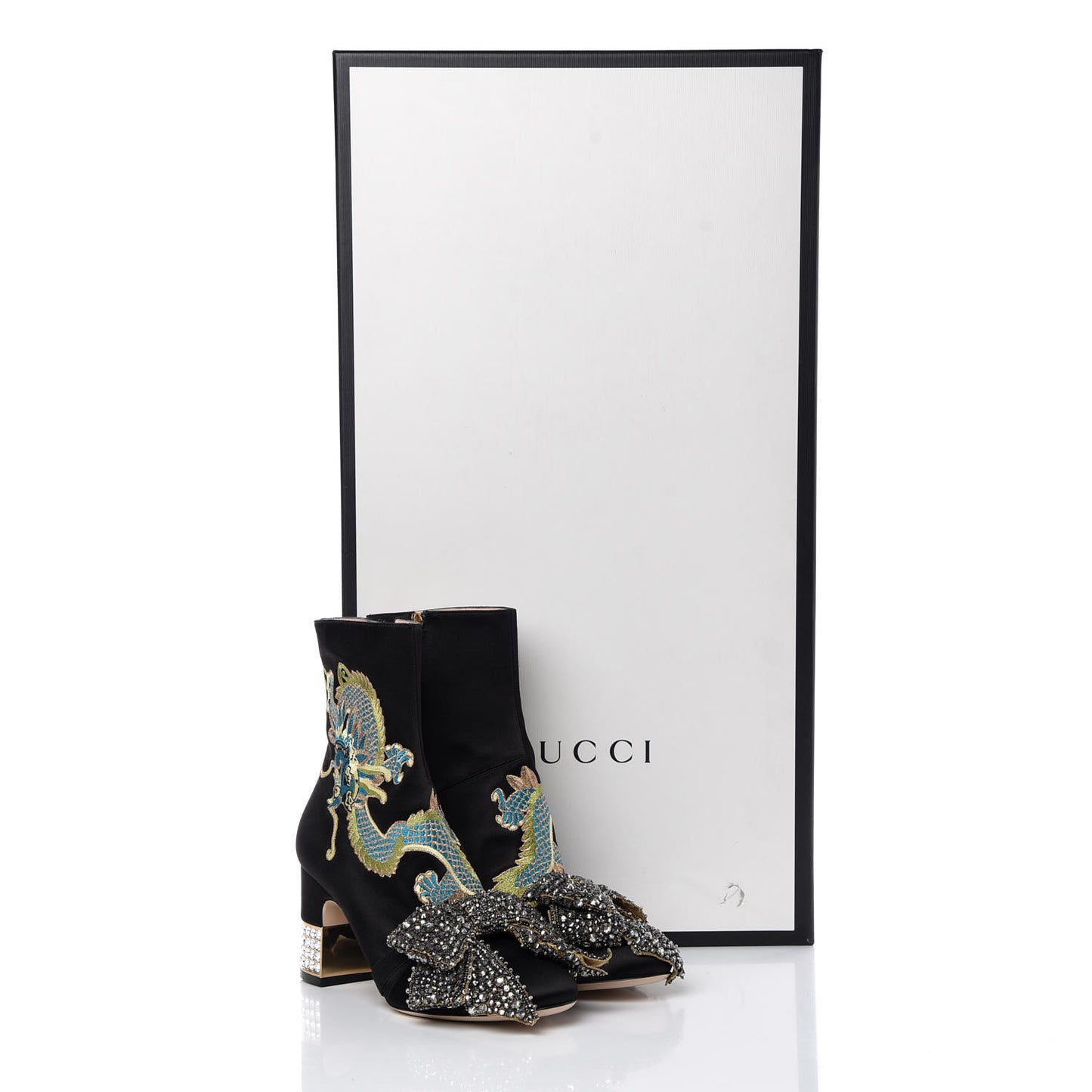 Silk Satin Malaga Kid Embroidered Candy Dragon Block-Heel Ankle Boot 37 Black