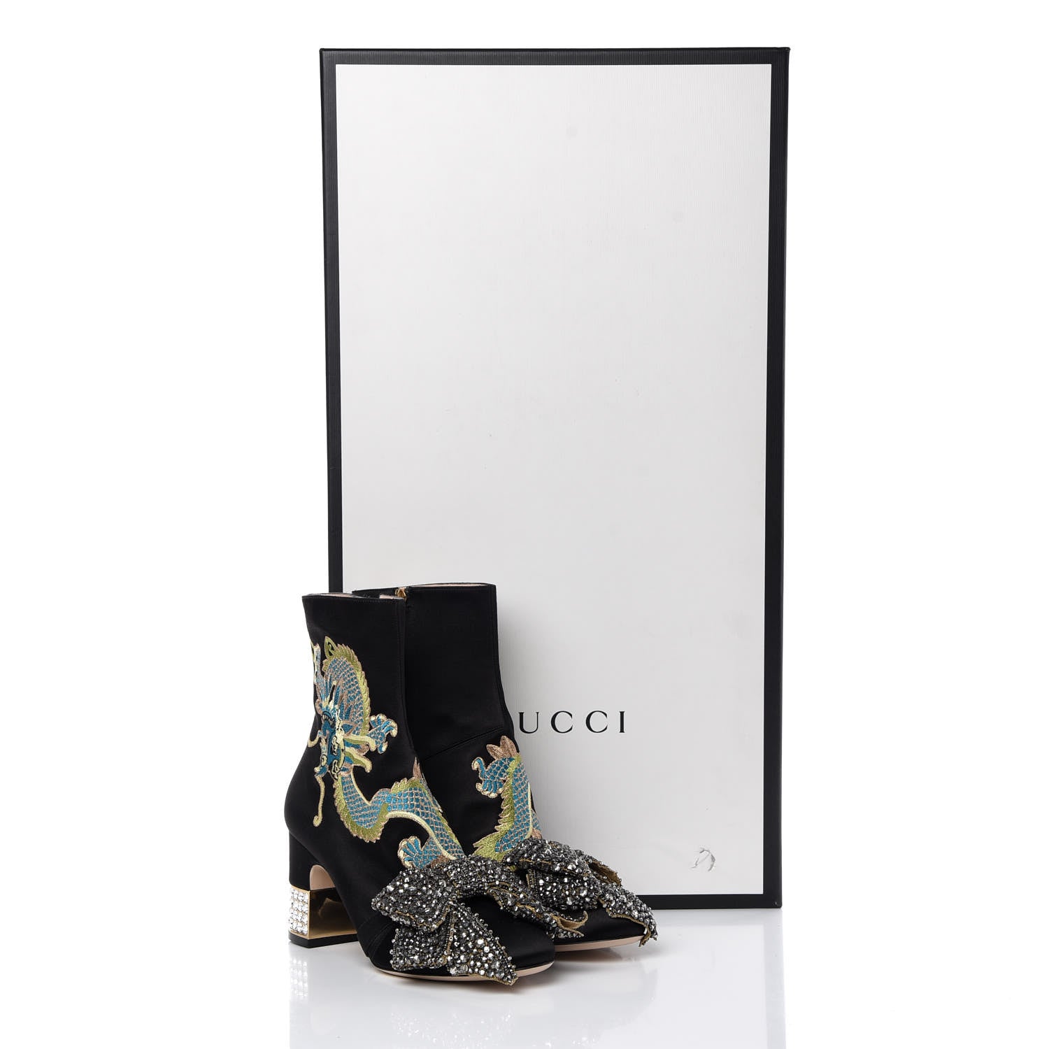 Gucci Silk Satin Malaga Kid Embroidered Candy Dragon Block-Heel Ankle Boot 37 Black 13 of 13