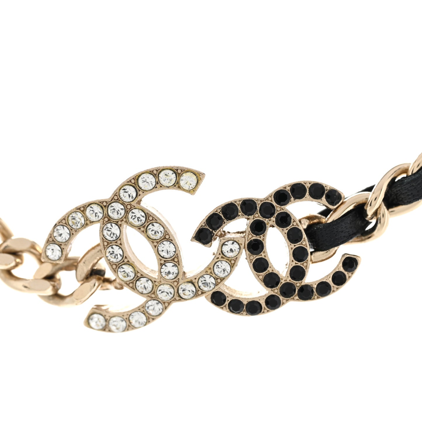 Metal Calfskin Crystal Double CC Short Necklace Black Gold