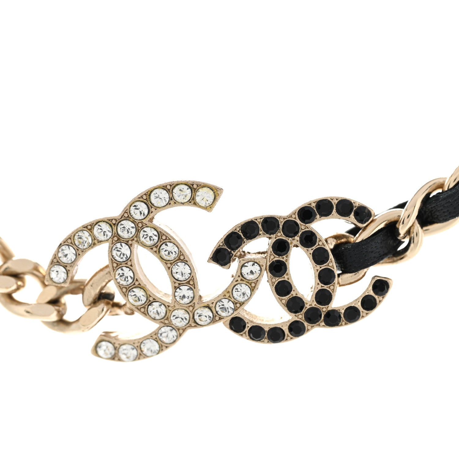 Chanel Metal Calfskin Crystal Double CC Short Necklace Black Gold 4 of 7