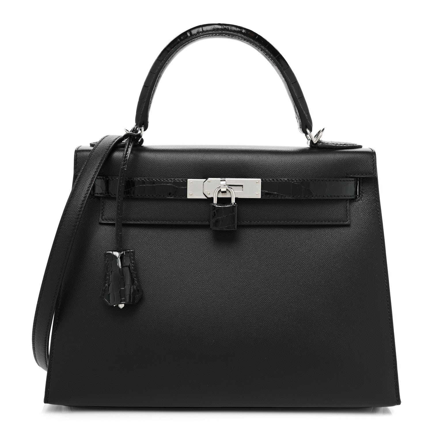 Hermes Madame Calfskin Shiny Niloticus Crocodile Kelly Sellier Touch 28 Black 1 of 13