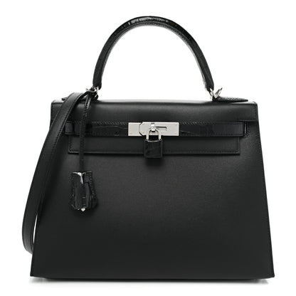 Hermes Madame Calfskin Shiny Niloticus Crocodile Kelly Sellier Touch 28 Black 1 of 13