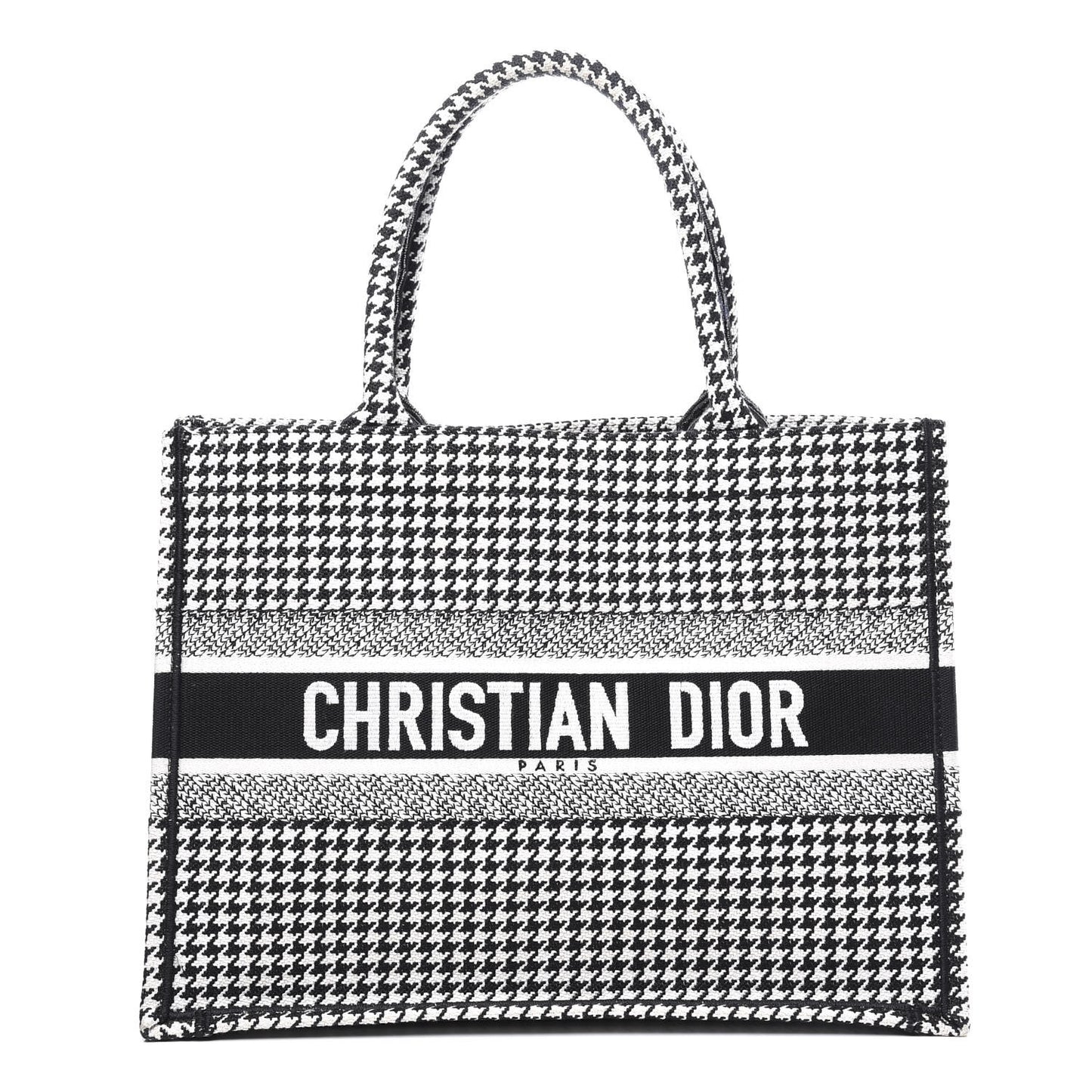 Canvas Houndstooth Embroidered Medium Book Tote Black White