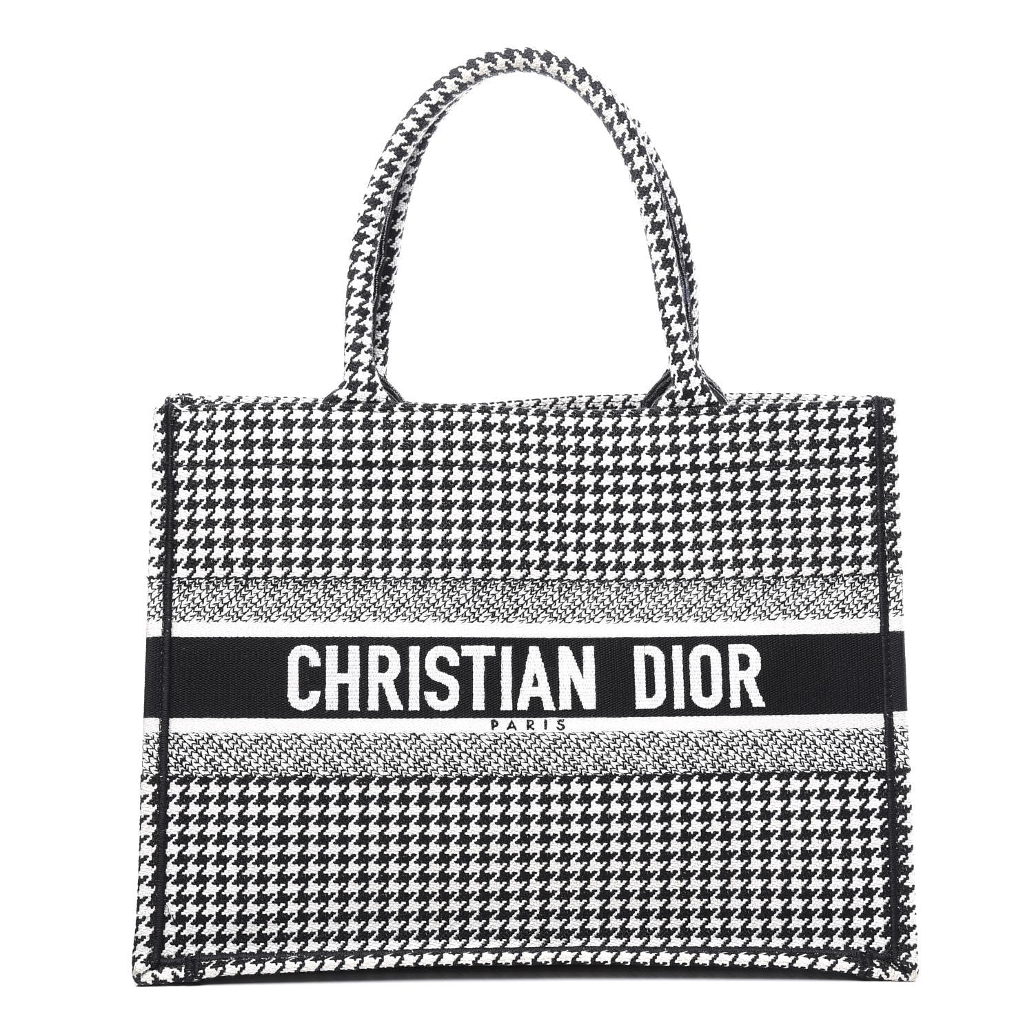 Christian Dior Canvas Houndstooth Embroidered Medium Book Tote Black White 1 of 10