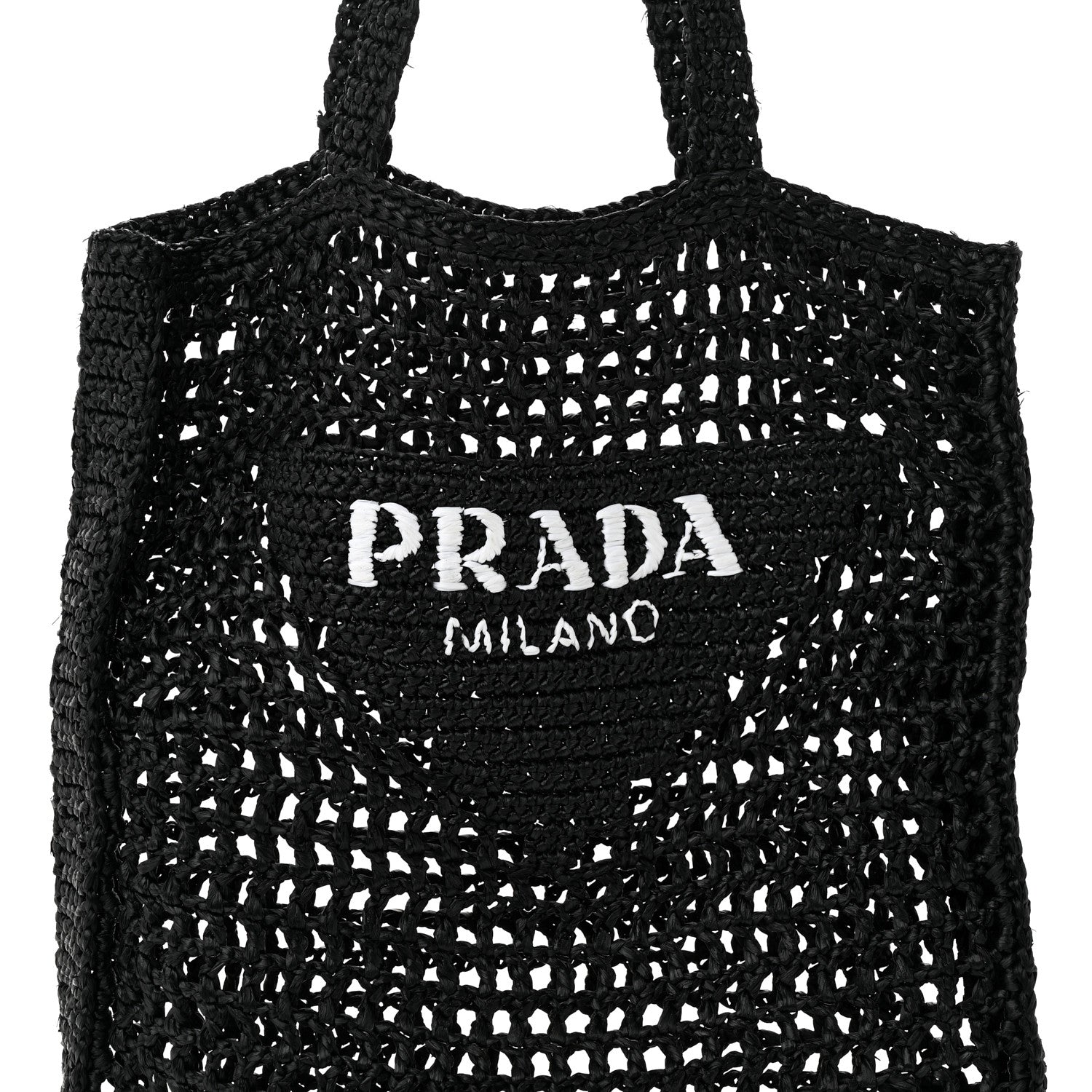 Prada Yarn Raffia Effect Crochet Logo Embroidered Tote Bag Black 7 of 9