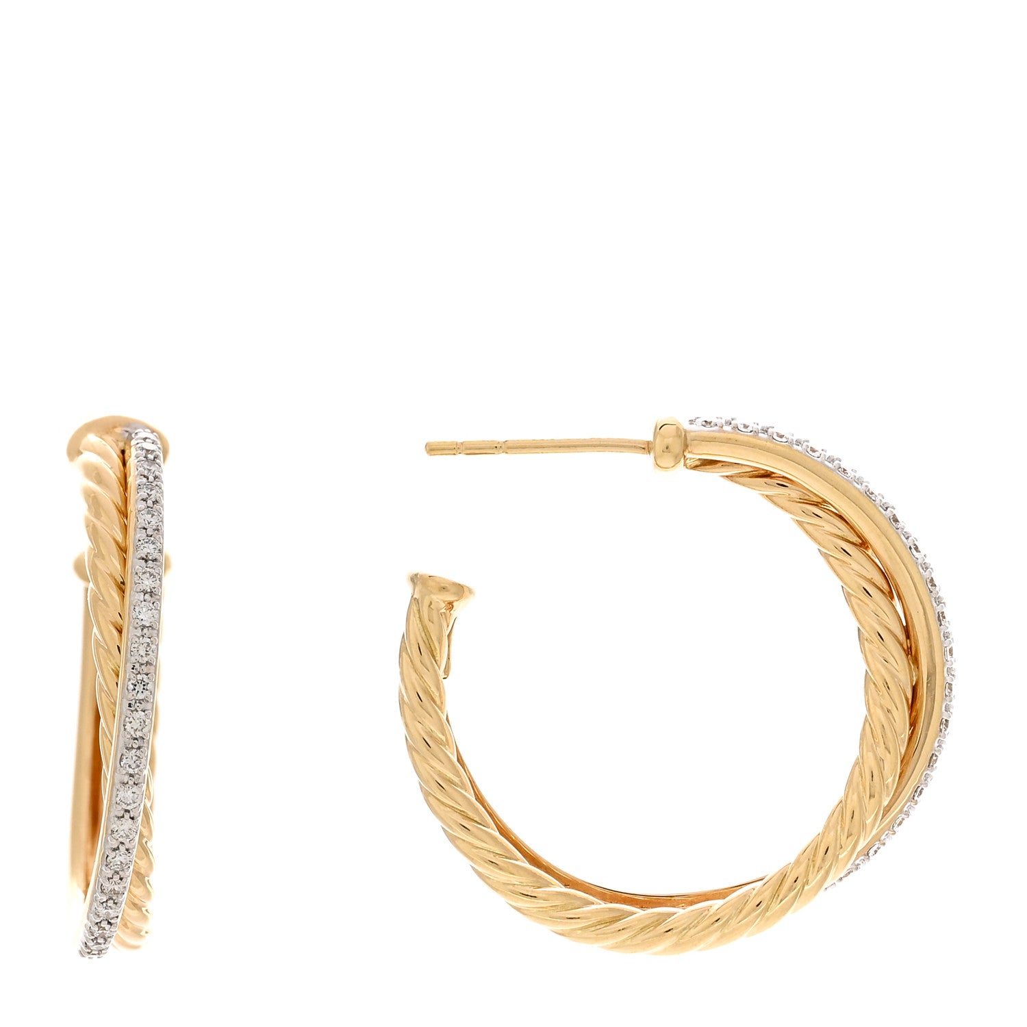 David Yurman 18K Yellow Gold Diamond Crossover Medium Hoop Earrings 1 of 5