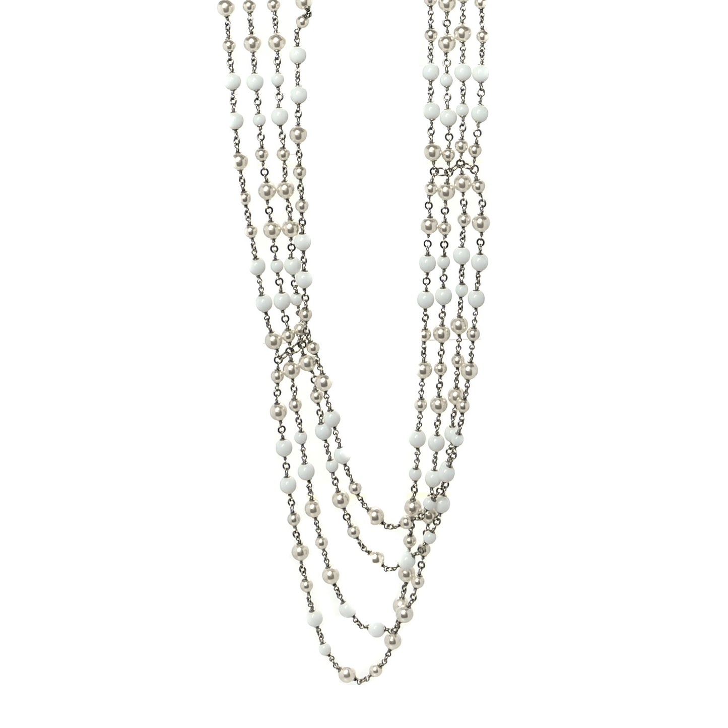 Bead CC Multi Strand Long Necklace Silver White