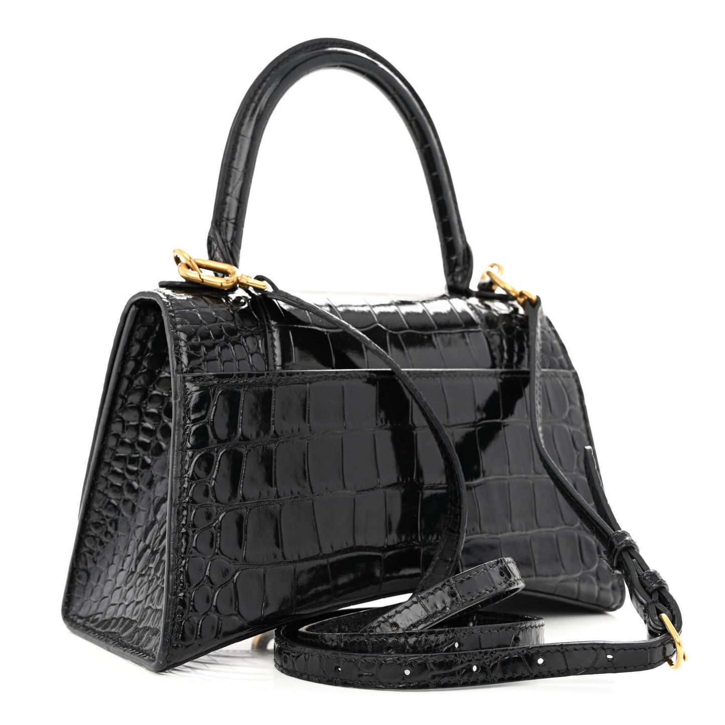 Shiny Calfskin Crocodile Embossed Small Hourglass Top Handle Bag Black