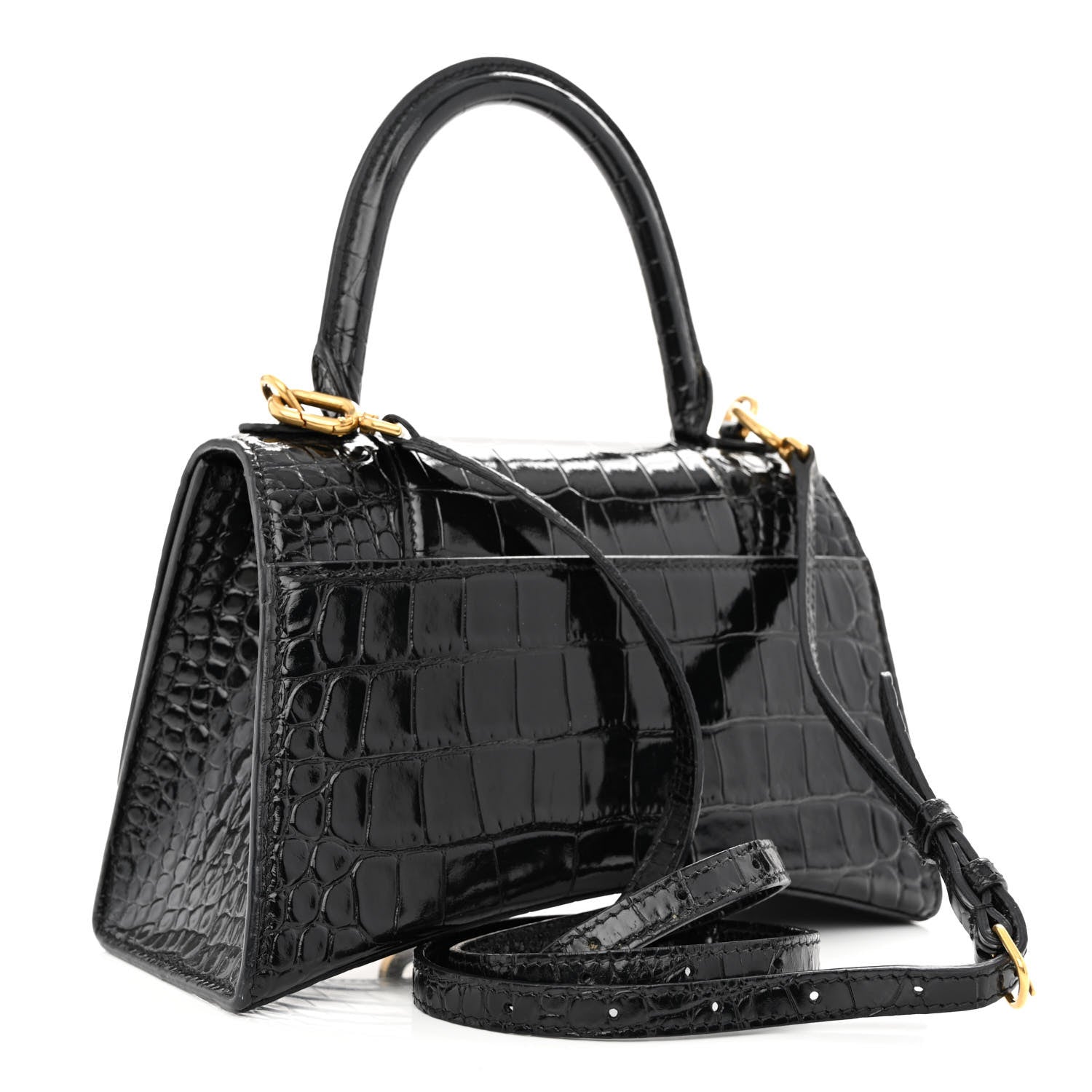 Balenciaga Shiny Calfskin Crocodile Embossed Small Hourglass Top Handle Bag Black 3 of 12