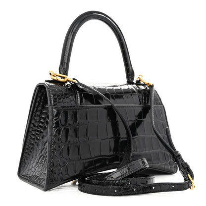 Balenciaga Shiny Calfskin Crocodile Embossed Small Hourglass Top Handle Bag Black 3 of 12