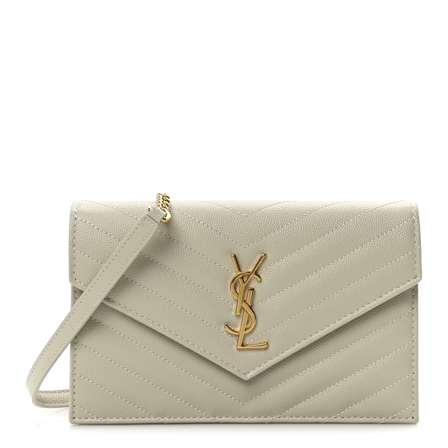 Saint Laurent Grain De Poudre Matelasse Chevron Monogram Envelope Chain Wallet Crema Soft 1 of 10