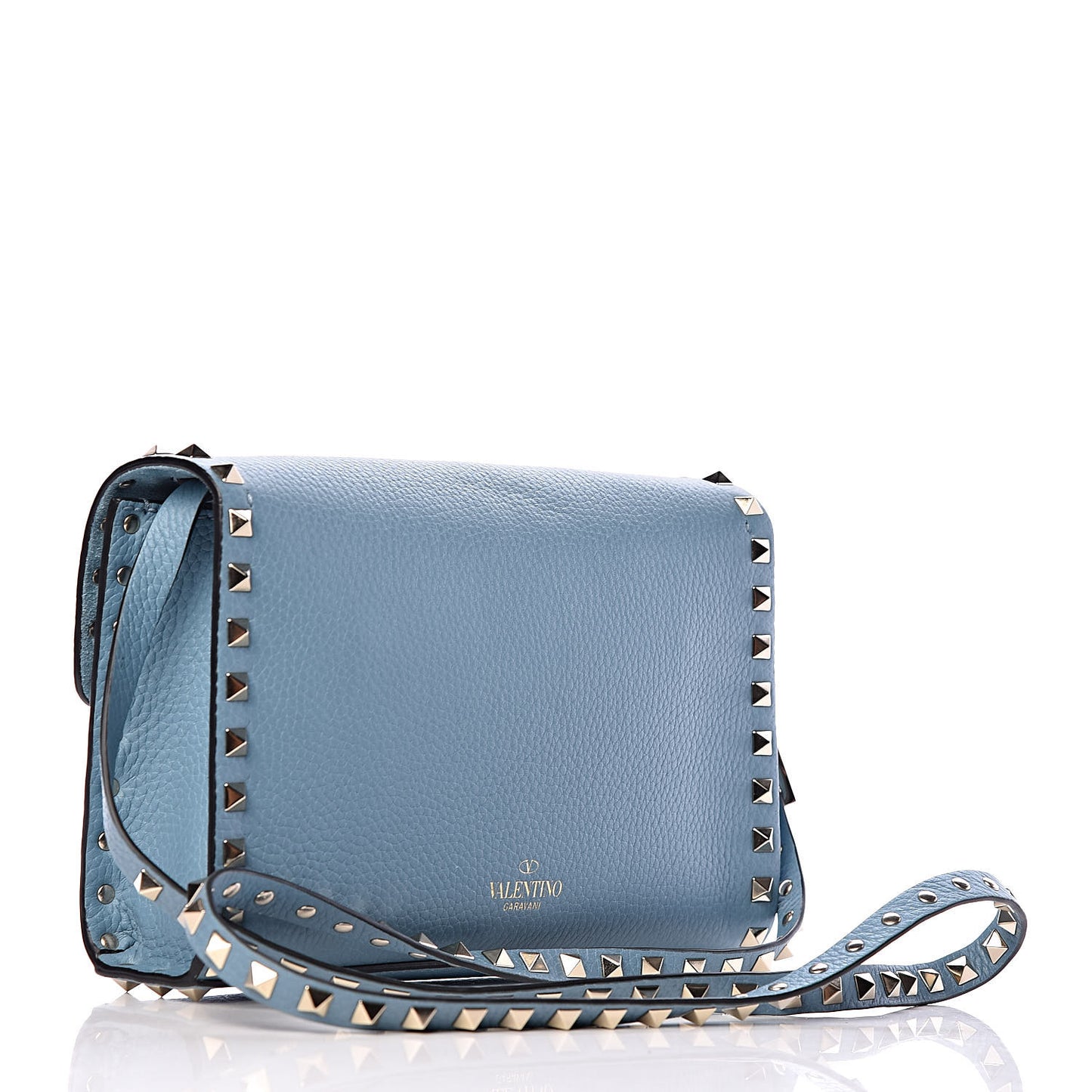 Pebbled Calfskin Medium Rockstud Flip Lock Crossbody Bag Light Blue