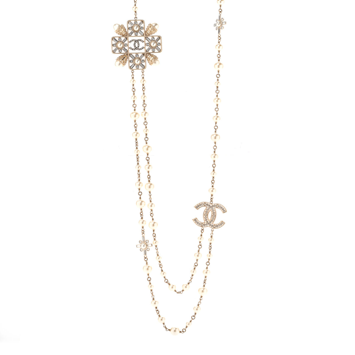 Chanel Pearl Crystal CC Long Necklace Gold 1 of 7