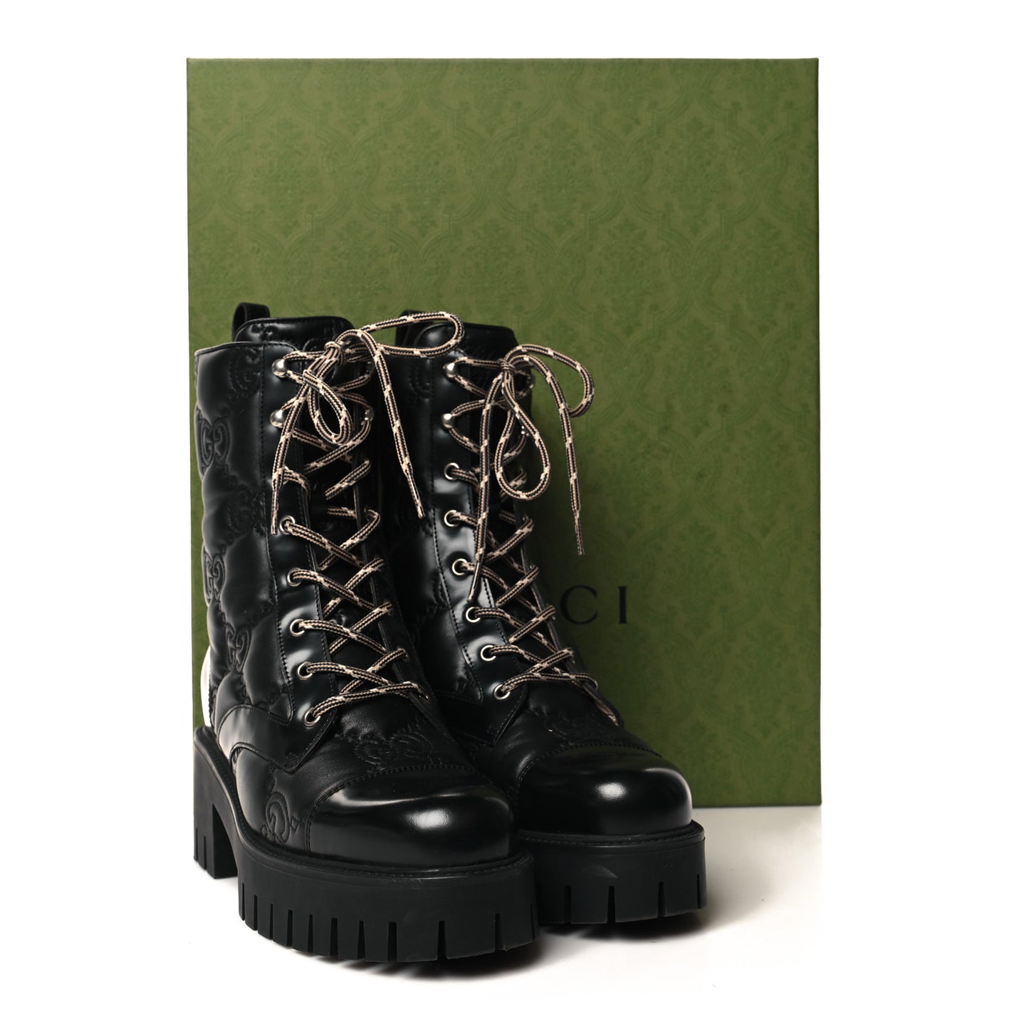 Cordovan Lux Nappa GG Matelasse Lace Up 60mm Combat Boots 40 Black