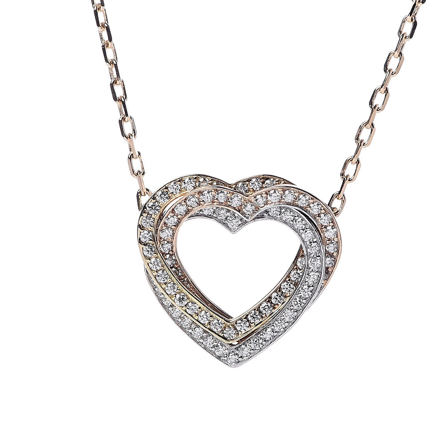 18K Pink Yellow White Gold Diamond Trinity Heart Paved Pendant Necklace