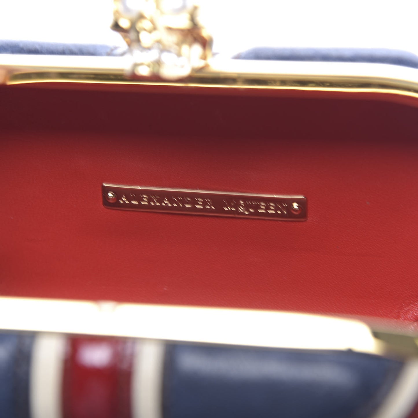 Patent Calfskin Britannia Skull Box Clutch Red Blue