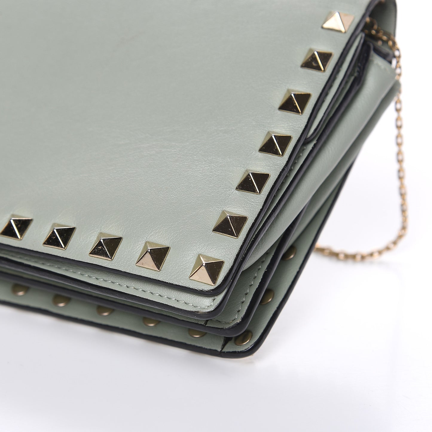 Calfskin Rockstud Wallet on Chain Water Green