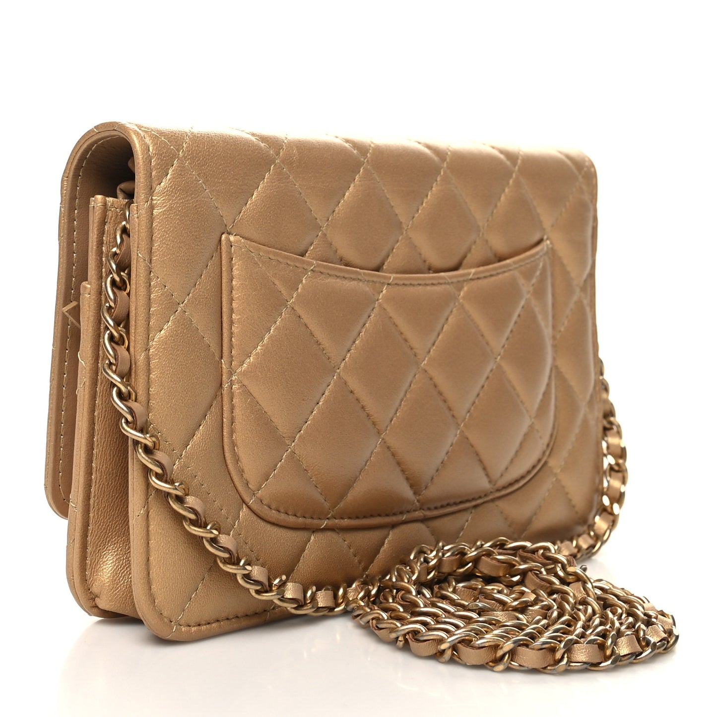 Metallic Lambskin Quilted Enamel Wallet On Chain WOC Gold