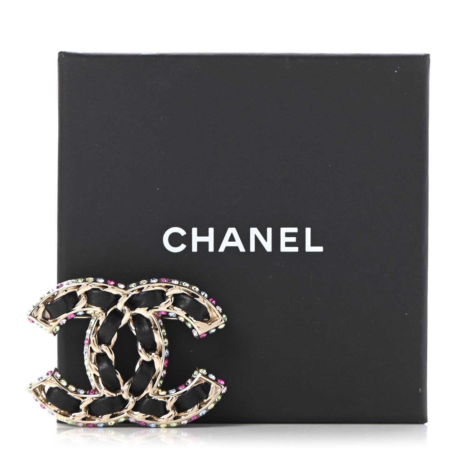 Lambskin Crystal CC Chain Brooch Black Gold Multicolor