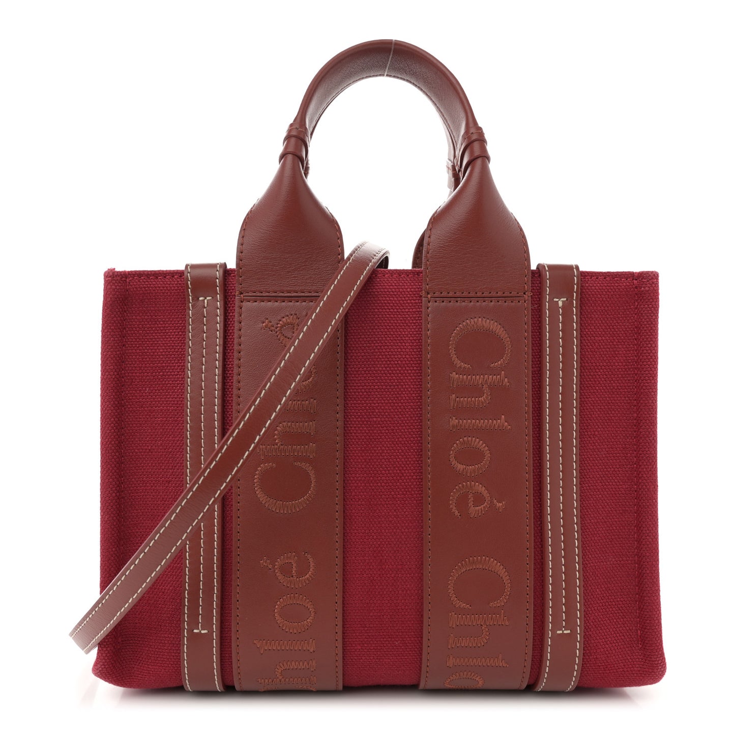 Cotton Calfskin Small Woody Ribbon Tote With Strap Dark Red