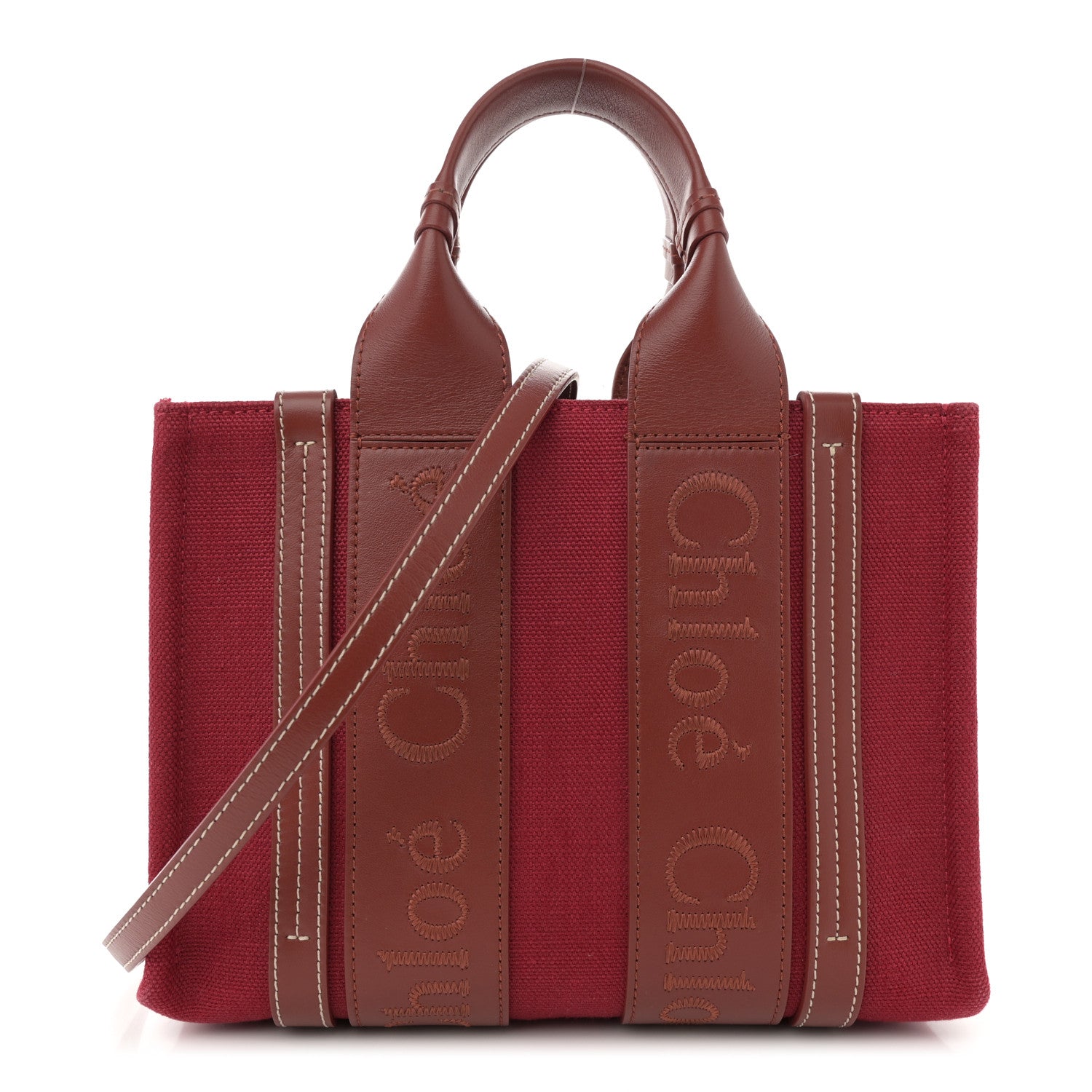 Chloe Cotton Calfskin Small Woody Ribbon Tote With Strap Dark Red 1 of 11