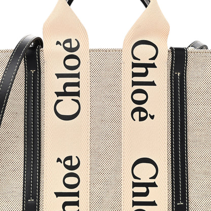 Chloe Cotton Calfskin Small Woody Ribbon Tote With Strap White Navy 8 of 10