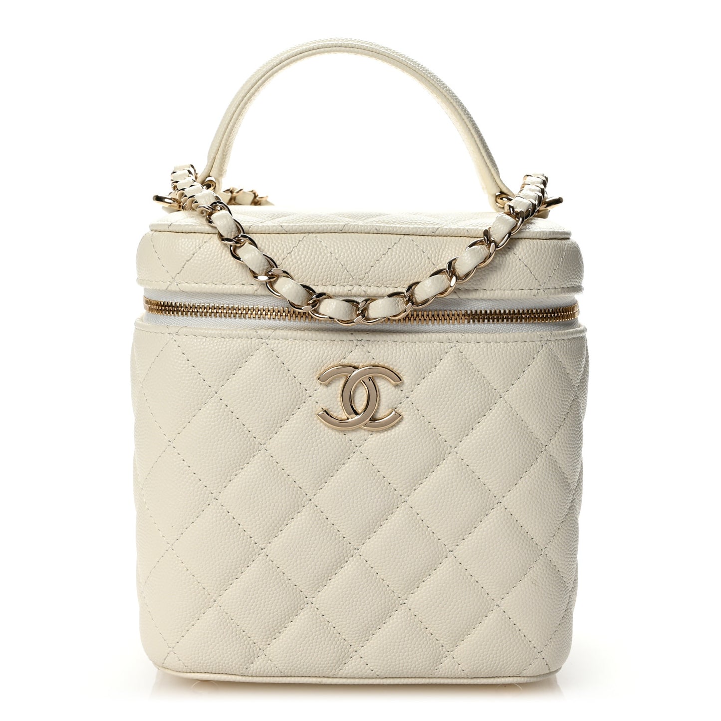 Caviar Quilted Small Top Handle Vanity Case With Chain White