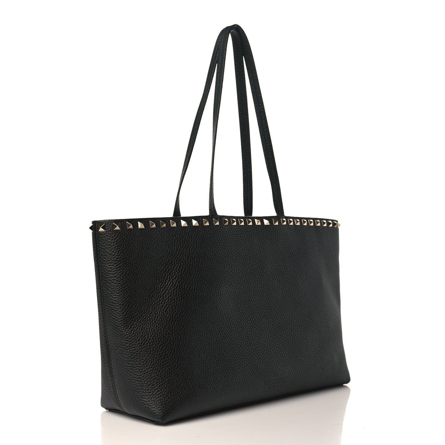 Grained Calfskin Small Rockstud Shoulder Tote Black
