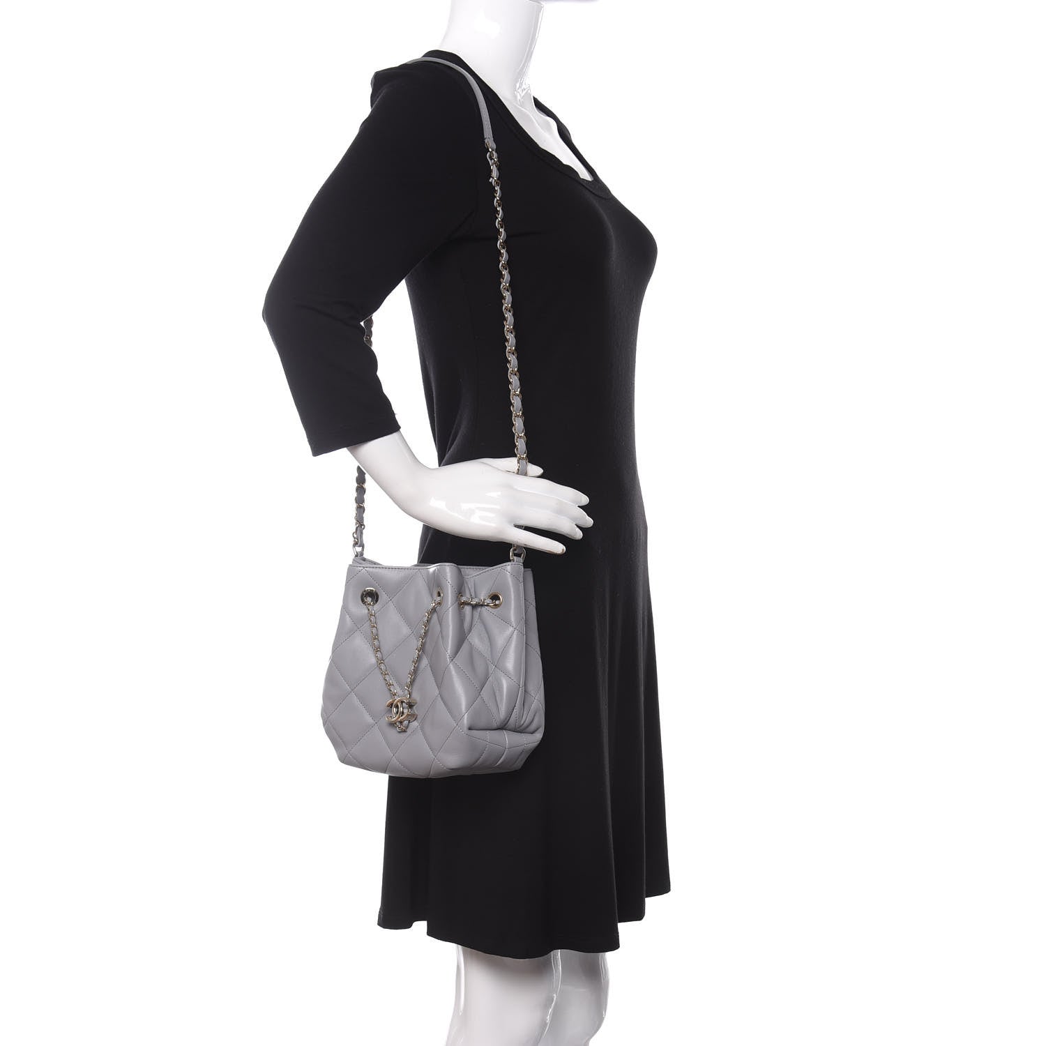Chanel Lambskin Quilted CC Dweller Drawstring Bucket Bag Light Grey 2 of 10