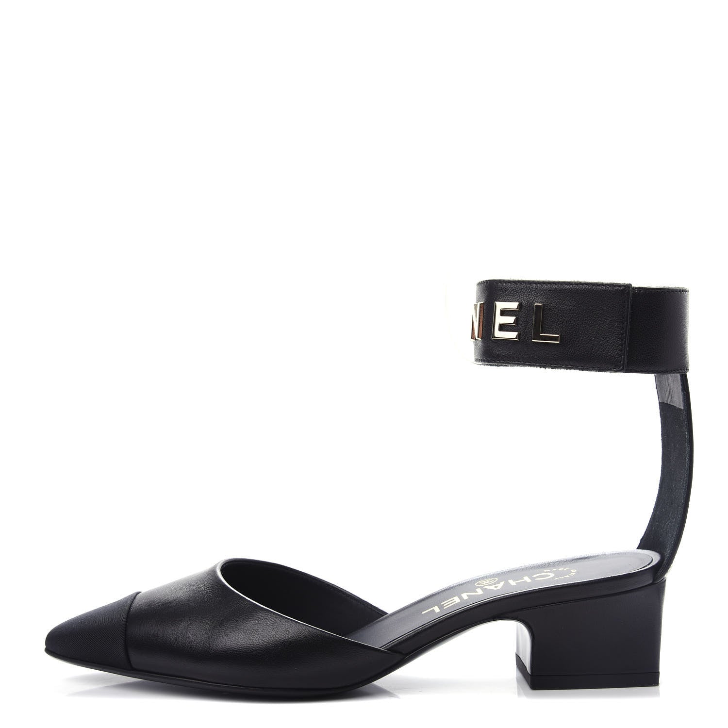 Chanel Lambskin Grosgrain Cap Toe Logo Ankle Strap Pumps 37.5 Black 1 of 11