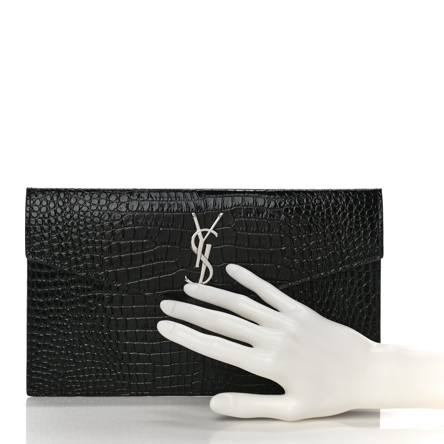 Calfskin Crocodile Embossed Uptown Monogram Clutch Black