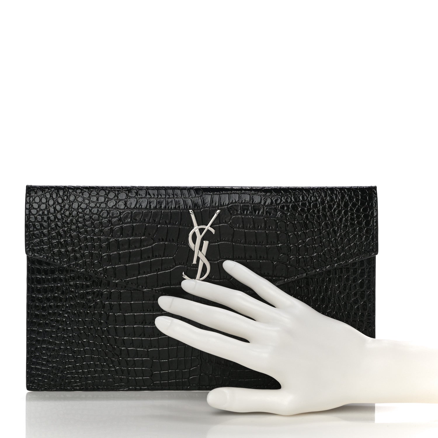 Saint Laurent Calfskin Crocodile Embossed Uptown Monogram Clutch Black 2 of 10